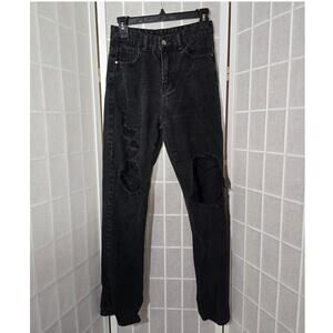 Shein Women's Black Fade Denim Straight Leg High Waisted Ripped Jean Size: Small